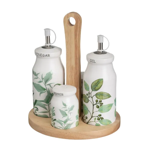 Eļļas un etiķa komplekts GREENS Balts Zaļš Koks Keramika 210 ml 21 x 8,5 x 18 cm 4 Daudzums