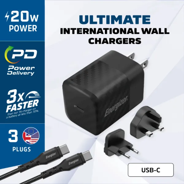 Energizer Ultimate - Multiplug EU / UK / US GaN 20W PD mains charger + USB-C cable (Black)