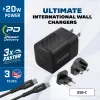 Energizer Ultimate - Multiplug EU / UK / US GaN 20W PD mains charger + USB-C cable (Black)