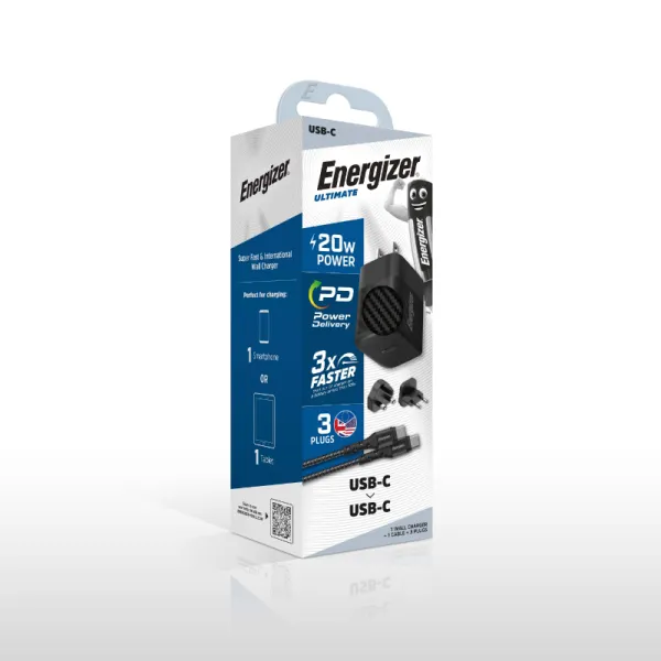 Energizer Ultimate - Multiplug EU / UK / US GaN 20W PD mains charger + USB-C cable (Black)