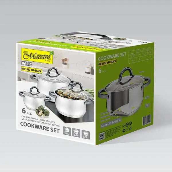 Casserole with Lid Feel Maestro MR-3522-6M-BLACK Silver Steel Stainless steel Ø 18 cm Ø 20 cm Ø 16 cm 2,5 L 1,8 L 3,5 L (6 Piece