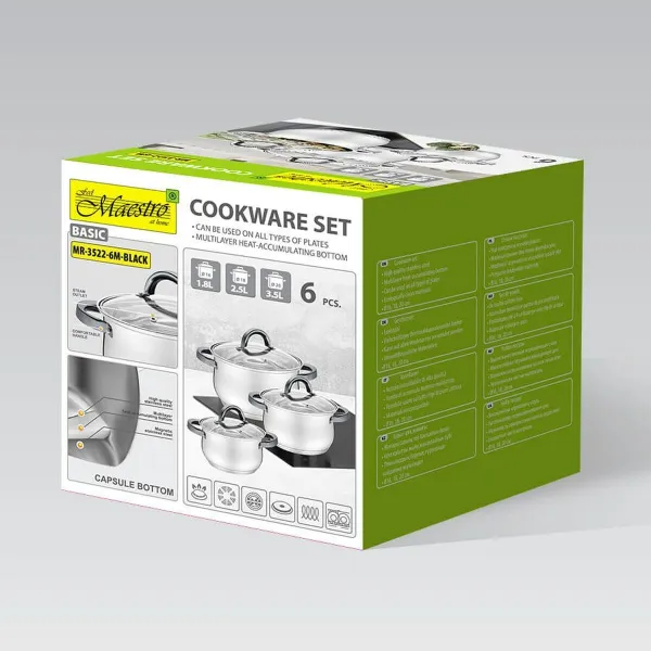Casserole with Lid Feel Maestro MR-3522-6M-BLACK Silver Steel Stainless steel Ø 18 cm Ø 20 cm Ø 16 cm 2,5 L 1,8 L 3,5 L (6 Piece