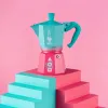 Italian Coffee Pot Bialetti Blue Pink Aluminium Thermoplastic 6 Cups