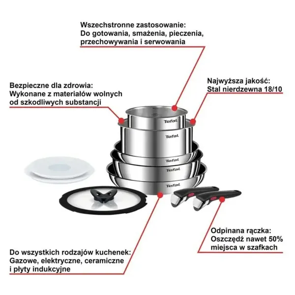 Посудный набор Tefal L897SA74 Чёрный Красный Сталь 10 Предметы