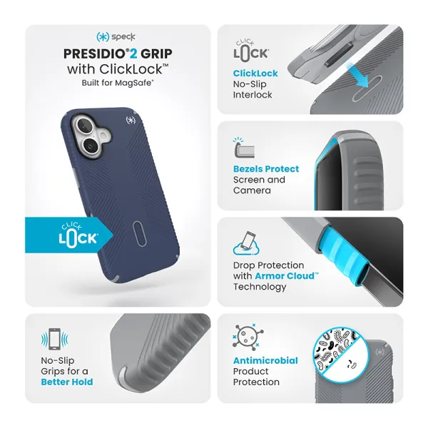 Speck Presidio2 Grip ClickLock & MagSafe - iPhone 16 Case (Coastal Blue / Dust Gray / White)