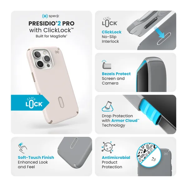 Speck Presidio2 Pro ClickLock & MagSafe - iPhone 16 Pro Case (Bleached Bone / Heirloom Gold / Hazel Brown)