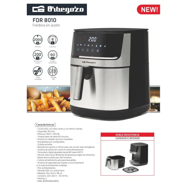 õhufritüüri Orbegozo FDR 8010 Must 1500 W 8 L