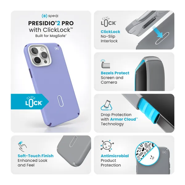 Speck Presidio2 Pro ClickLock & MagSafe - iPhone 16 Pro Max Case (Future Lavender / Cassis Purple / White)