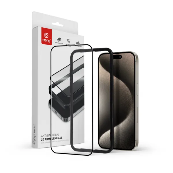 Crong Anti-Bacterial 3D Armor Glass - 9H tempered glass for the entire iPhone 15 Pro screen + installation frame