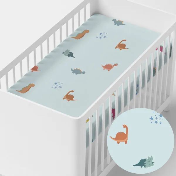 Fitted sheet HappyFriday MINI Blue Multicolour 60 x 120 x 14 cm Dinosaurs
