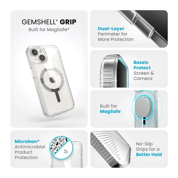 Speck Gemshell Grip + MagSafe - Case for iPhone 17e / 16e / 15 / 14 / 13 (Clear / Chrome Finish)