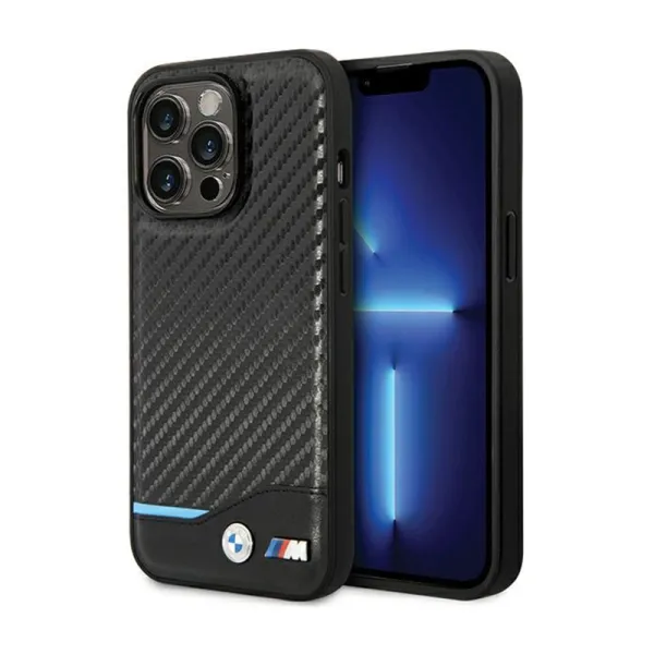 BMW Leather Carbon Blue Line - Case for iPhone 13 Pro Max (Black)