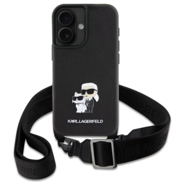 Karl Lagerfeld Saffiano Karl & Choupette Metal Pin CBDY Strap - Case for iPhone 16 (black)