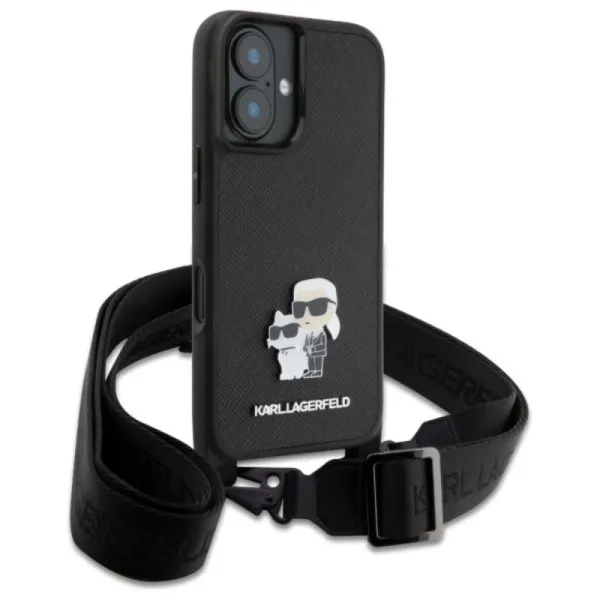 Karl Lagerfeld Saffiano Karl & Choupette Metal Pin CBDY Strap - Case for iPhone 16 (black)
