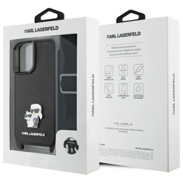 Karl Lagerfeld Saffiano Karl & Choupette Metal Pin CBDY Strap - Case for iPhone 16 (black)