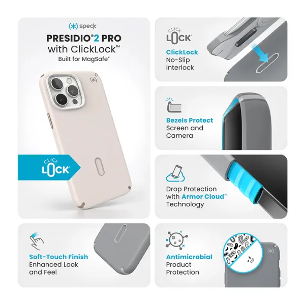Speck Presidio2 Pro ClickLock & MagSafe - iPhone 16 Pro Max Case (Bleached Bone / Heirloom Gold / Hazel Brown)