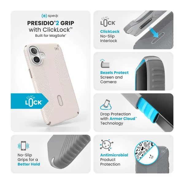 Speck Presidio2 Grip ClickLock & MagSafe - iPhone 16 Plus Case (Bleached Bone / Heirloom Gold / Hazel Brown)