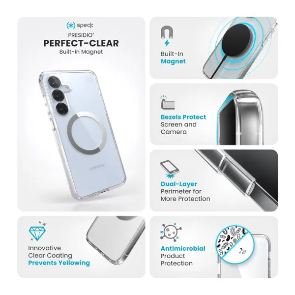 Speck Presidio Perfect-Clear Magnet - Samsung Galaxy S25+ / S24+ MagSafe Case (Clear / Chrome Finish / Serene Silver)