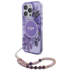 Guess IML Flowers With Pearl Strap MagSafe - Case for iPhone 16 Pro Max (Purple)