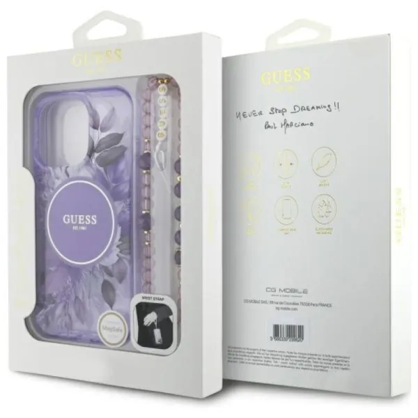 Guess IML Flowers With Pearl Strap MagSafe - Case for iPhone 16 Pro Max (Purple)
