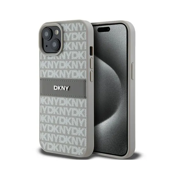 DKNY Leather Mono Stripe & Metal Logo - Case for iPhone 15 / 14 / 13 (beige)
