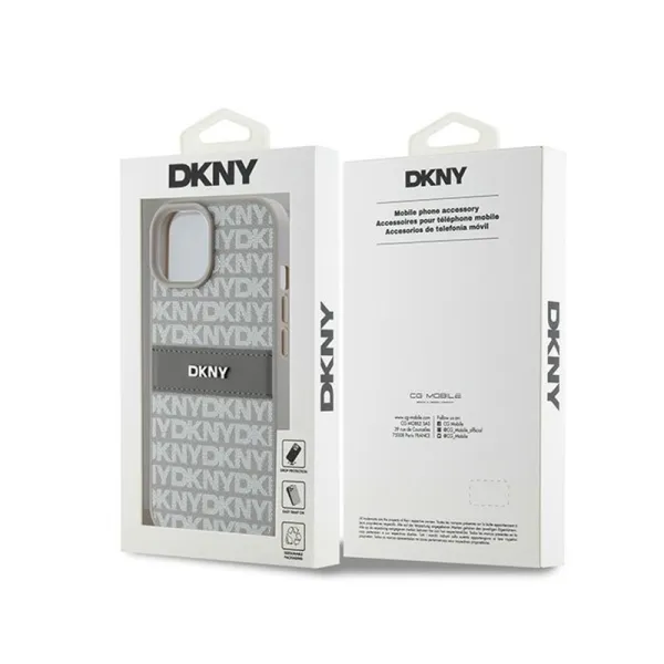 DKNY Leather Mono Stripe & Metal Logo - Case for iPhone 15 / 14 / 13 (beige)