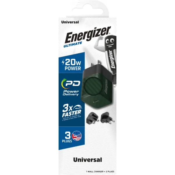Energizer Ultimate - Multiplug EU / UK / US GaN 20W PD mains charger (Green)