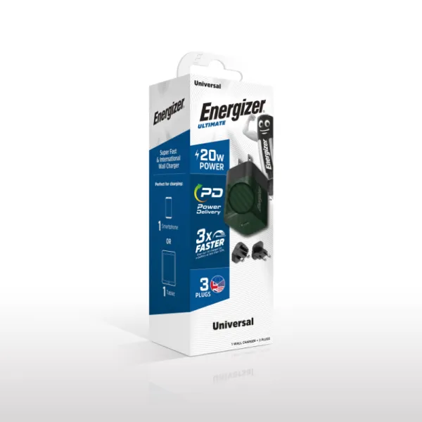 Energizer Ultimate - Multiplug EU / UK / US GaN 20W PD mains charger (Green)