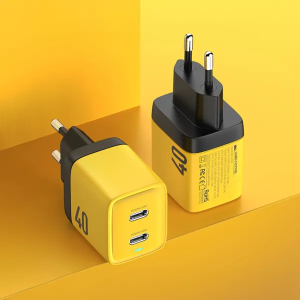 WEKOME WP-U128 - 2x USB-C Super Fast Charge GaN 40W mains charger (Yellow)