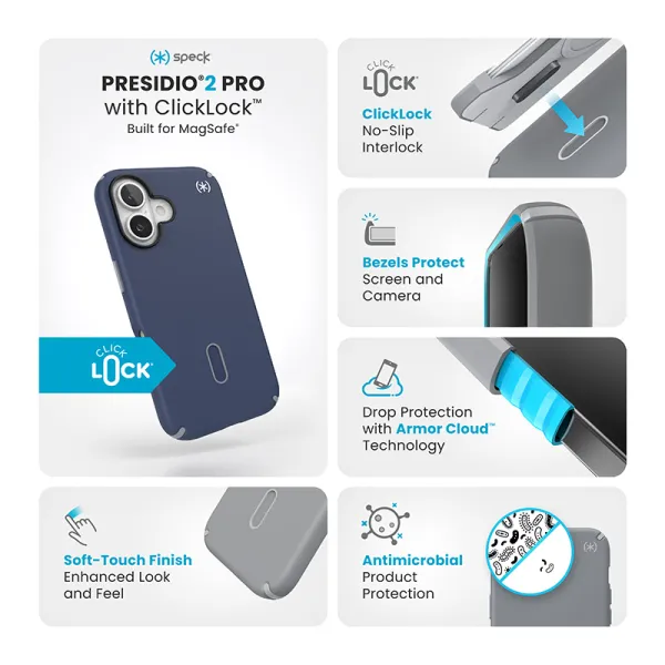 Speck Presidio2 Pro ClickLock & MagSafe - iPhone 16 Case (Coastal Blue / Dust Gray / White)