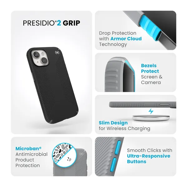 Speck Presidio2 Grip – Case for iPhone 17e / 16e / 15 / 14 / 13 (Black / Gray / White)