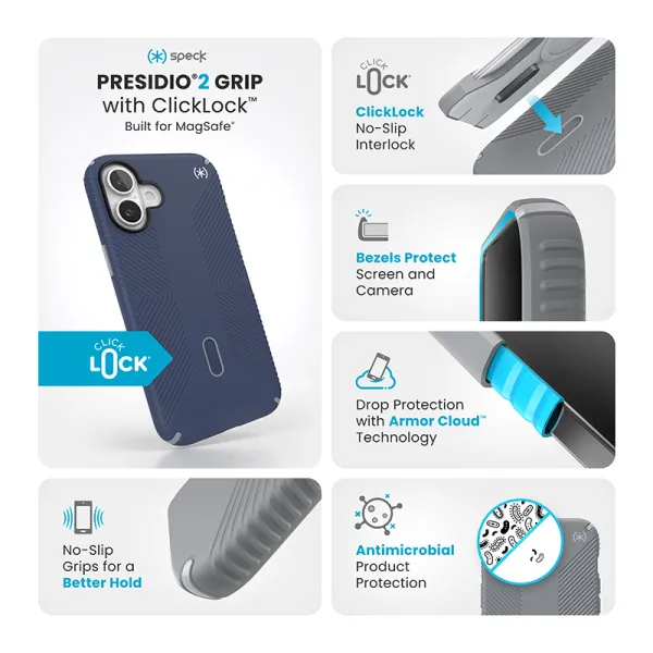 Speck Presidio2 Grip ClickLock & MagSafe - iPhone 16 Plus Case (Coastal Blue / Dust Gray / White)
