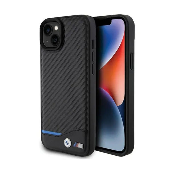 BMW Leather Carbon Blue Line - Case for iPhone 15 Plus (black)