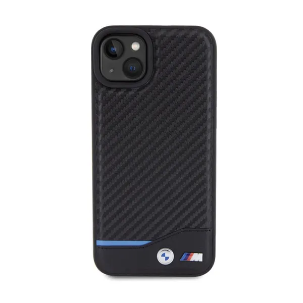 BMW Leather Carbon Blue Line - Case for iPhone 15 Plus (black)