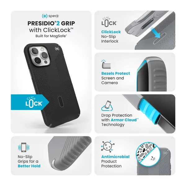 Speck Presidio2 Grip ClickLock & MagSafe - iPhone 16 Pro Max Case (Black / Slate Gray / White)