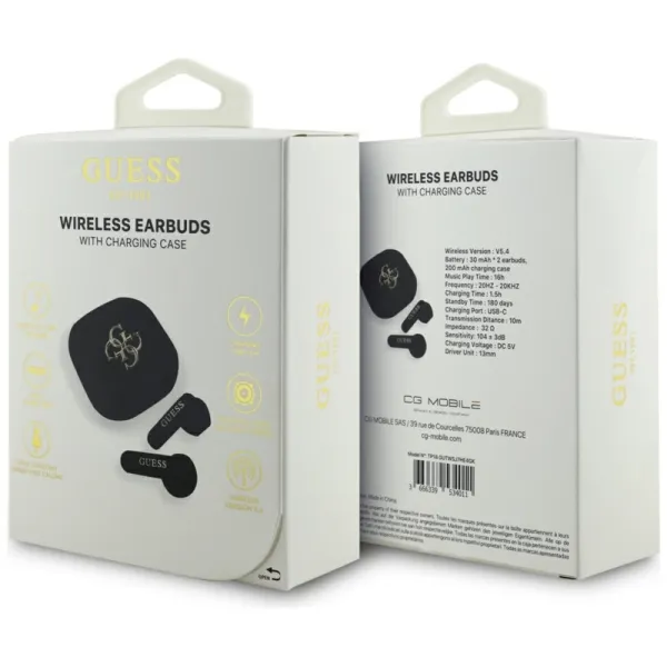Guess 4G Metal Logo - TWS Bluetooth Earphones + Charging Case (Black)