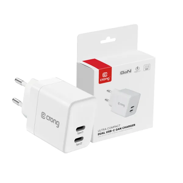 Crong Ultra Compact GaN - Wall Charger 2x USB-C 35W PD 3.0 with PPS (White)