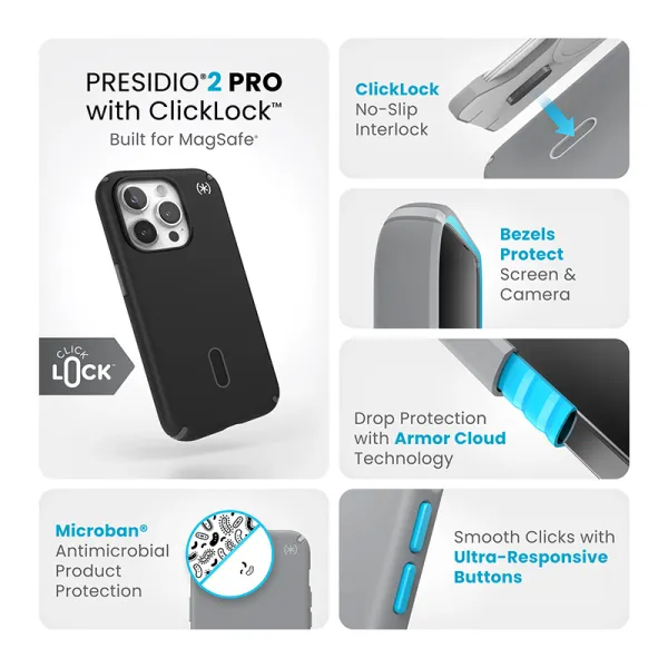 Speck Presidio2 Pro ClickLock & MagSafe - iPhone 15 Pro Case (Black / Slate Gray / White)