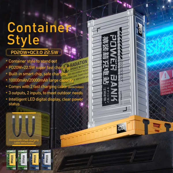 WEKOME WP-339 Container Series - Power bank 10000 mAh Super Charging with built-in USB-C & Lightning PD 20W cable + QC 22.5W (Si