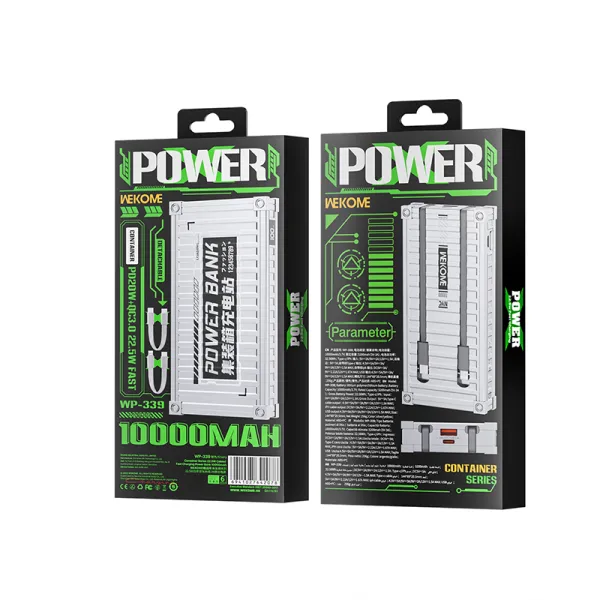 WEKOME WP-339 Container Series - Power bank 10000 mAh Super Charging with built-in USB-C & Lightning PD 20W cable + QC 22.5W (Si