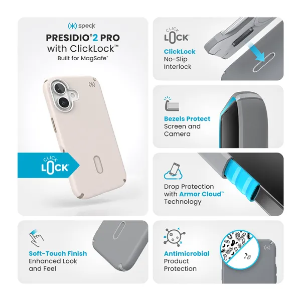 Speck Presidio2 Pro ClickLock & MagSafe - iPhone 16 Case (Bleached Bone / Heirloom Gold / Hazel Brown)