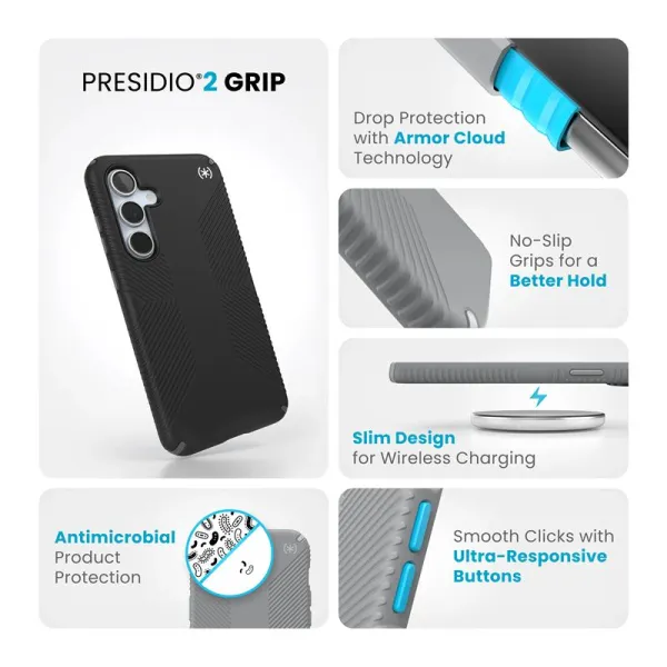 Speck Presidio2 Grip - Samsung Galaxy S24 FE Case (Black/Slate Gray/White)
