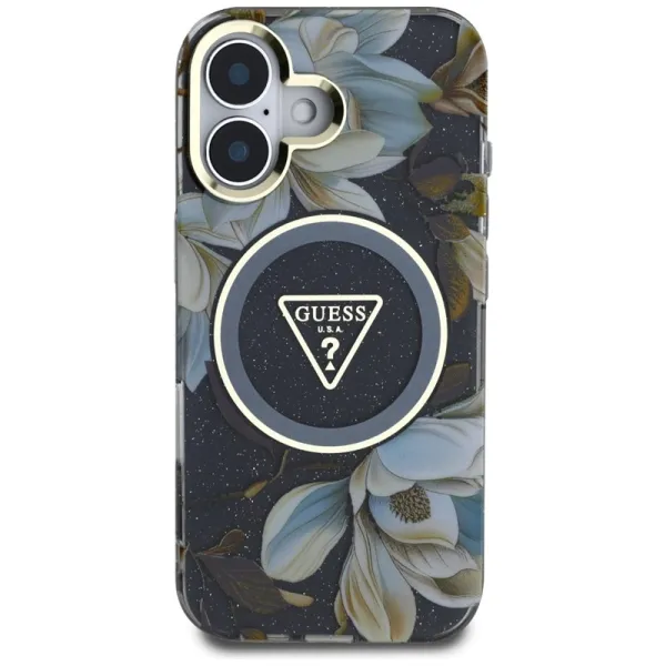 Guess Glitter Flowers Triangle Buttons MagSafe - Case for iPhone 16 (black)