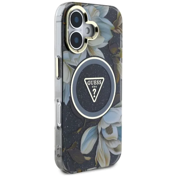Guess Glitter Flowers Triangle Buttons MagSafe - Case for iPhone 16 (black)