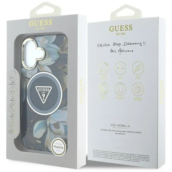 Guess Glitter Flowers Triangle Buttons MagSafe - Case for iPhone 16 (black)