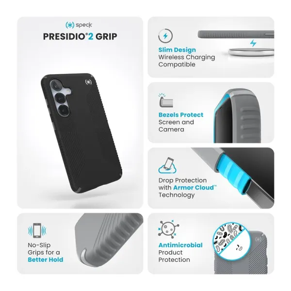 Speck Presidio2 Grip - Samsung Galaxy S25 / S24 Case (Black/Slate Gray/White)