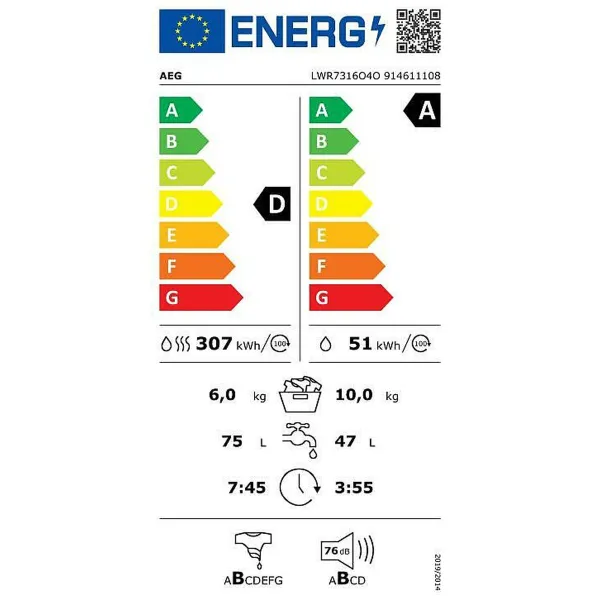 Washer - Dryer AEG Series 7000 LWR7316O4O 1600 rpm 10 kg 6 Kg Белый