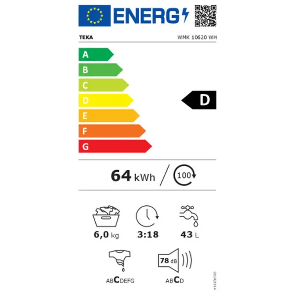 Mazgāšanas mašīna Teka WMK10620 1000 rpm 6 Kg Balts