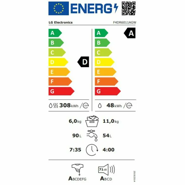 Protinga Skalbimo Mašina-Džiovyklė LG F4DR6011AGW 11 kg/6 kg 1400 rpm