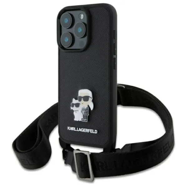 Karl Lagerfeld Saffiano Karl & Choupette Metal Pin CBDY Strap - Case for iPhone 16 Pro Max (black)